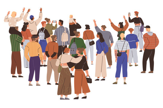 A group of diverse individuals seen from behind, engaging in social activities such as taking photos, talking, and waving. Ideal for lifestyle community events social gatherings modern society urban