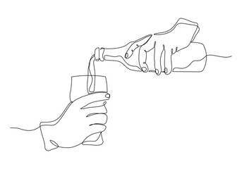 Continuous single line sketch drawing of hand pouring champagne wine liquor from bottle to glass one line art vector illustration
