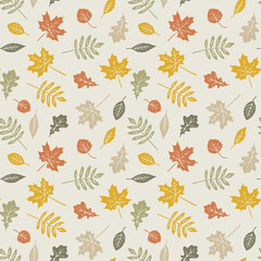 Autumn leaves seamless pattern. Graphic background with fall elements. Hand drawn illustration. Colorful wallpaper art.