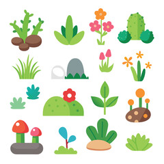 Simple Vector Icons of Grass Rocks Flowers Cacti and Mushrooms Pastel Cartoon Style Flat Design