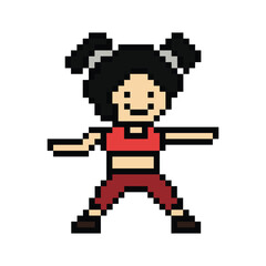 Fototapeta premium Cute cartoon pixel character cute woman exercises training dance lifestyle music decoration life style 8 bit female girl dance with music game fitness isolated PNG vector.