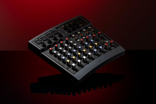 An elevated view of a modern audio mixer on a dark background with red lighting.