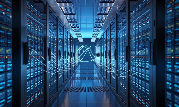 Pieces of digital data travel through the network and reach secure data servers located behind sleek glass panels in the server room of a data center or Internet service provider.