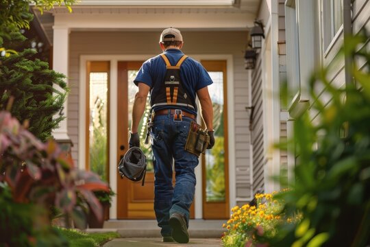 A man in a blue shirt and jeans is carrying a yellow backpack, generative ai image