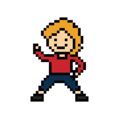 Cute cartoon pixel character cute man exercises training dance lifestyle music decoration life style 8 bit male boy dance with music game fitness isolated PNG vector.