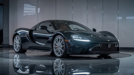 Supercar in a showroom under spotlight showcasing its design and details