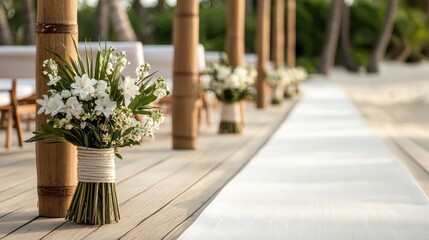 Fototapeta premium Elegant floral arrangements on a wooden pathway in a serene beach setting.