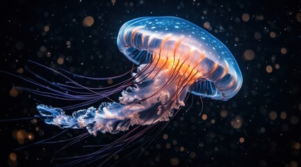 Obraz premium Glowing blue jellyfish gracefully moves through dark waters at night