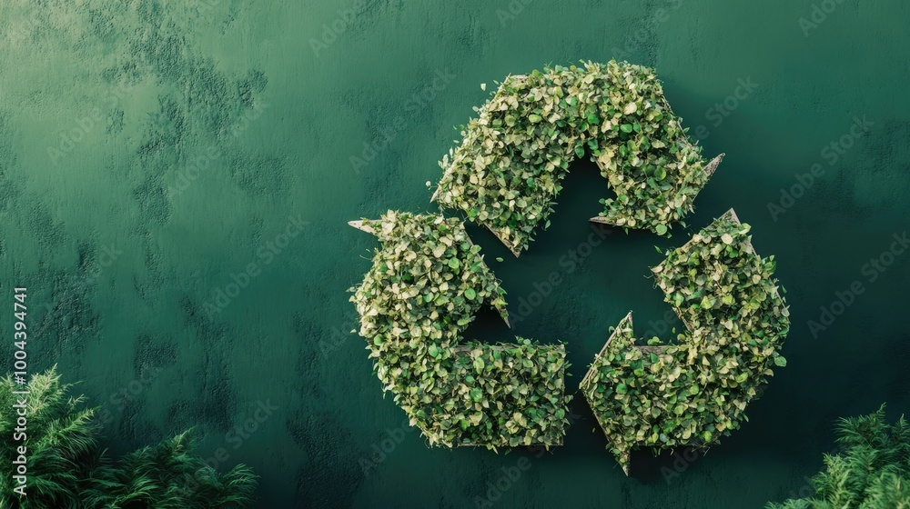 Wall mural recycle sign covered with green plants against green background