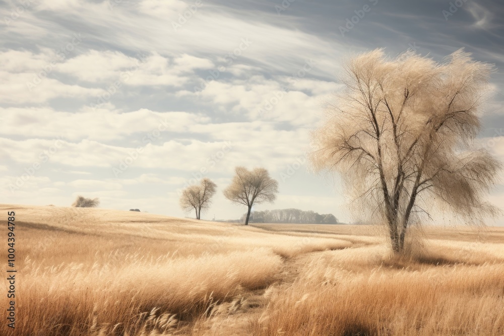 Wall mural Landscape field grass tree.