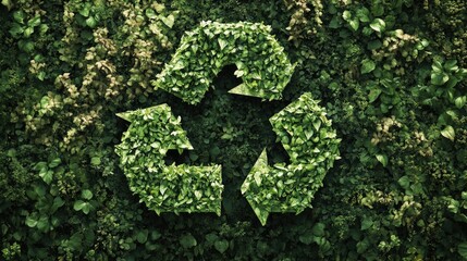 Recycle sign covered with green plants against green background