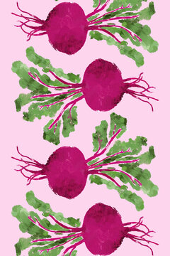 Vibrant pink and green beetroot pattern on a pastel background.