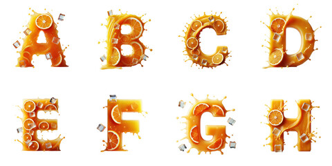 Naklejka premium Alphabet Letters Made of Orange Juice Splash : A collection of alphabet letters A, B, C, D, E, F, G, H created from splashes of orange juice, decorated with ice cubes and orange slices.
