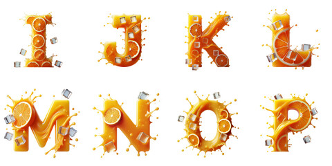 Naklejka premium Alphabet Letters Made of Orange Juice Splash : A collection of alphabet letters I, J, K, L, M, N, O, P created from splashes of orange juice, decorated with ice cubes and orange slices.