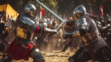 Epic medieval battle reenactment: knights and armor. concept medieval costumes, sword fighting techniques, historical battles, knight armory, renaissance fairs. Renaissance Fair. Illustration