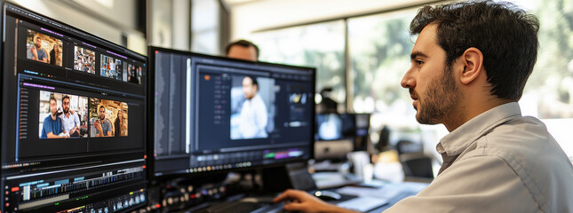 In a modern office, talented professional video editors are dedicated to fine-tuning high-quality video content for marketing campaigns