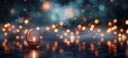 Crescent Moon Lamp Illuminating Soft Bokeh Lights at Night