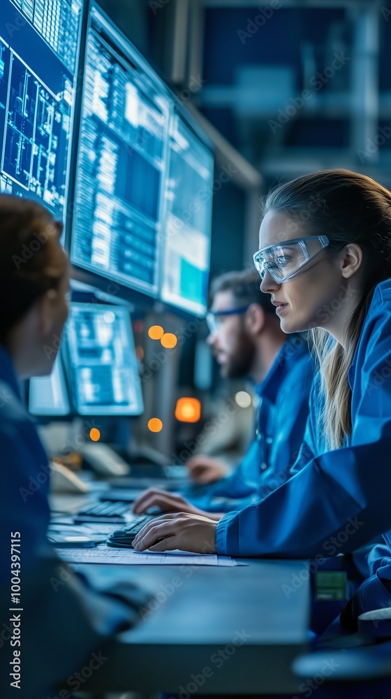Poster team of professionals analyzing data on multiple computer screens in a modern control room during ni