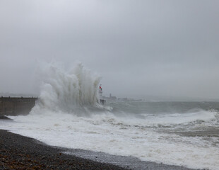 Newlyn harbour crashing waves