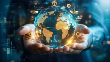 A person holding a glowing globe with maps and financial symbols, representing global economy and digital connections in a modern setting