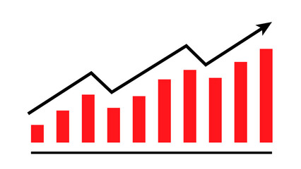 Increasing concept. A gradually increasing bar chart on a white backdrop, complemented by a zig-zag arrow symbolizing growth, success, and progress.