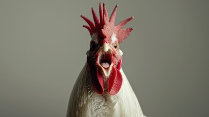 Close up of a rooster with a vibrant red comb and wattles, prominently displayed against a soft gray background The rooster appears lively and expressive