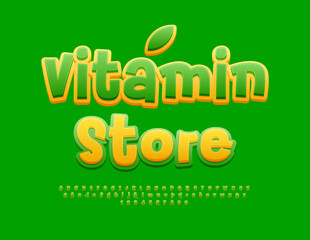 Vector healthy concept Vitamin Store with decorative Leaf. Creative bright Font. Playful style set of Alphabet Letters and Numbers