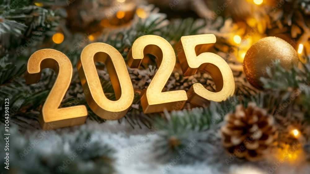 Poster golden 2025 numbers on snowy fir branches with christmas lights, creating a cozy festive atmosphere 