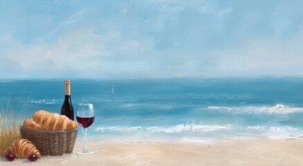 Elegant Beach Picnic With Wine and Croissants at Dawn