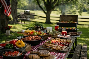 A table full of food with a red and white tablecloth and a red, generative ai image