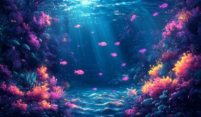 Obraz premium Vibrant Underwater Scene With Coral Reefs and Colorful Fish in Deep Ocean Waters