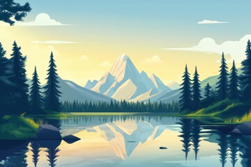 Mountain Lake Landscape with Reflection and Pine Trees