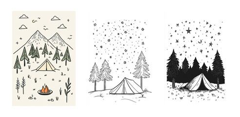Three camping scenes with mountains trees tents and starry skies  line art illustrations