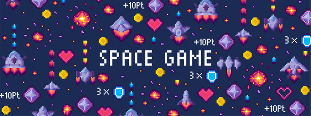 Pixel art style background featuring various space game elements such as rockets, hearts, shields and stars. Ideal for game design, retro themes, sci-fi concepts, digital art and space adventures © robu_s