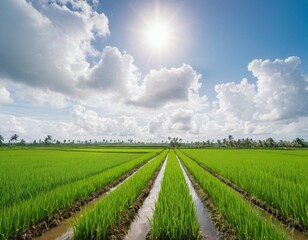 Naklejka premium A lush rice paddy field with neat, under a bright, sunny sky, green rows stretching into the horizon. Ai generated image.