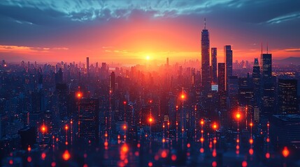 Fototapeta premium Vibrant Cityscape at Sunset Showcasing Economic Growth
