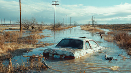 A car and an overhang float in the water on top of a flooded road near power lines, farmland, and other structures