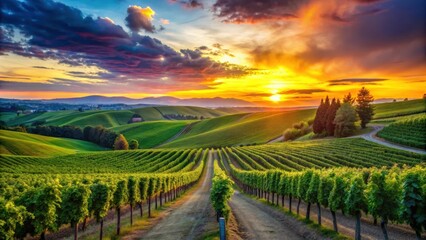 Naklejka premium Vibrant sunset colors illuminate lush vineyard on a hill in Washington state