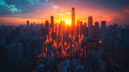 Obraz premium Rising Economic Stability Illustrated in Cityscape at Sunset