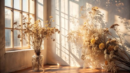 Soft Shadows and Dried Flowers in Sunlit Room with Climbing Vines for Home Decor