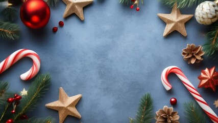 Christmas decoration border framing a blue background with copy space, inviting you to add your own festive touch. Perfect for holiday greetings, promotions, or social media posts