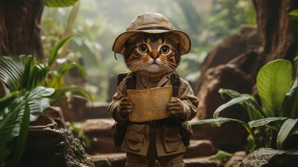 A curious cat dressed as an explorer stands amidst verdant jungle foliage, holding a treasure map. This adventurous scene showcases the cat's keen interest in discovering hidden secrets in nature.