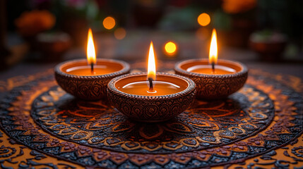 Diwali flat design with diya lamps and rangoli on orange background, perfect for festive decorations and cultural events.