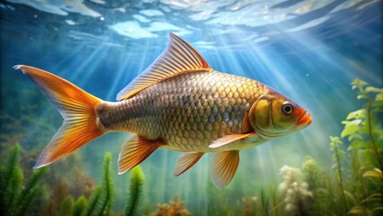 Naklejka premium Graceful Carp Gliding Through Crystal Clear Aquarium Water with Fins Propelling Marine Biology Creature
