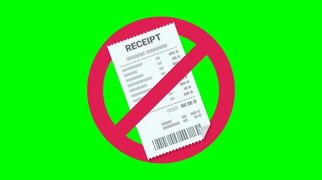 Appearance of crossed out red circular prohibition symbol on a receipt on green screen with alpha channel in flat design style