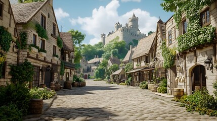 Fototapeta premium Charming Old World European Village with Picturesque Medieval Castle Backdrop Cobblestone Streets Quaint Stone Buildings Lush Foliage