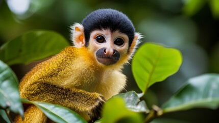 Fototapeta premium A black-capped squirrel monkey, native to the Amazon rainforest of Bolivia, Brazil, and Peru.
