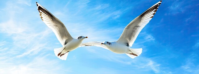 Obraz premium Pair of seagulls flying in the blue sky
