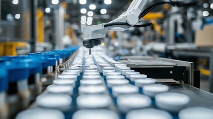 Obraz premium Robotic arm inspecting bottles on a production line in an automated manufacturing facility during daytime operations