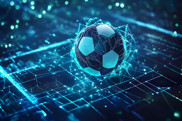 Football with futuristic network connection technology big data. Colors neon background.